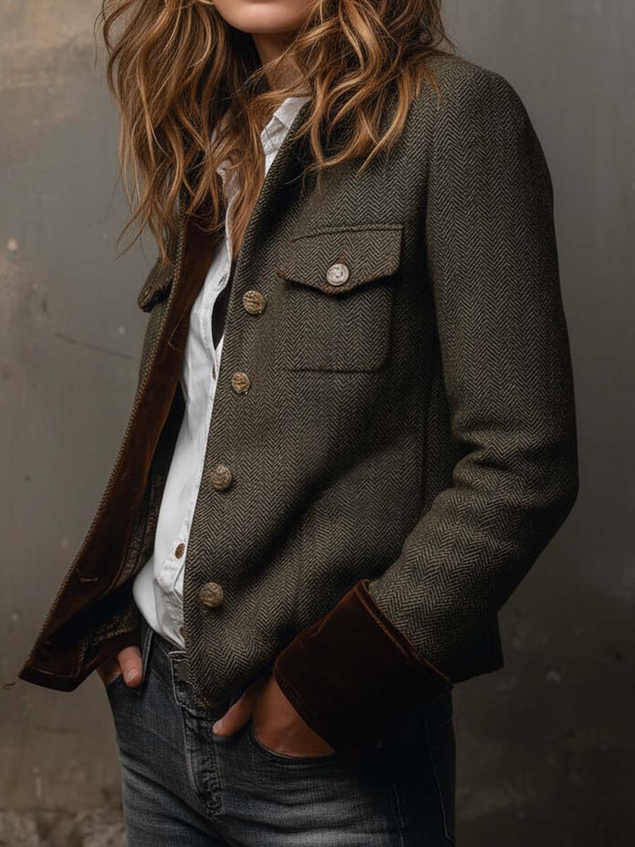 Tessalina - Blazer Vintage Spigato con Profili a Contrasto