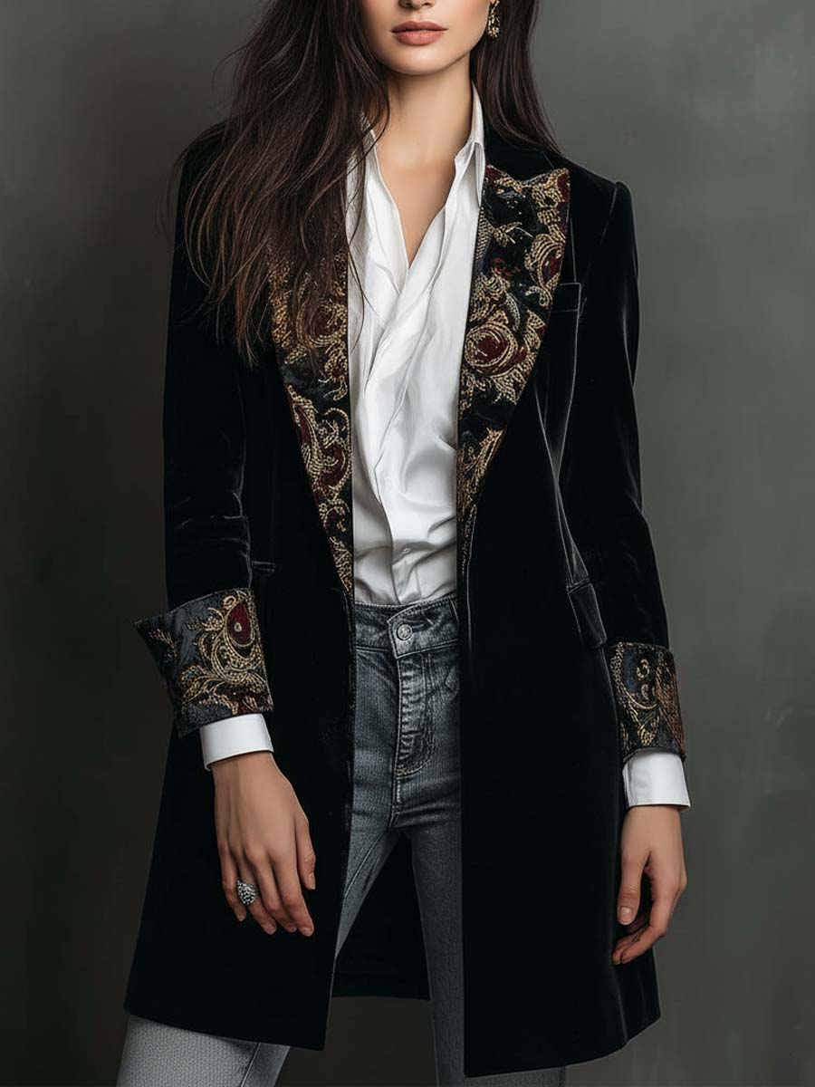 Barocella - Blazer Nero Sartoriale con Motivo Barocco