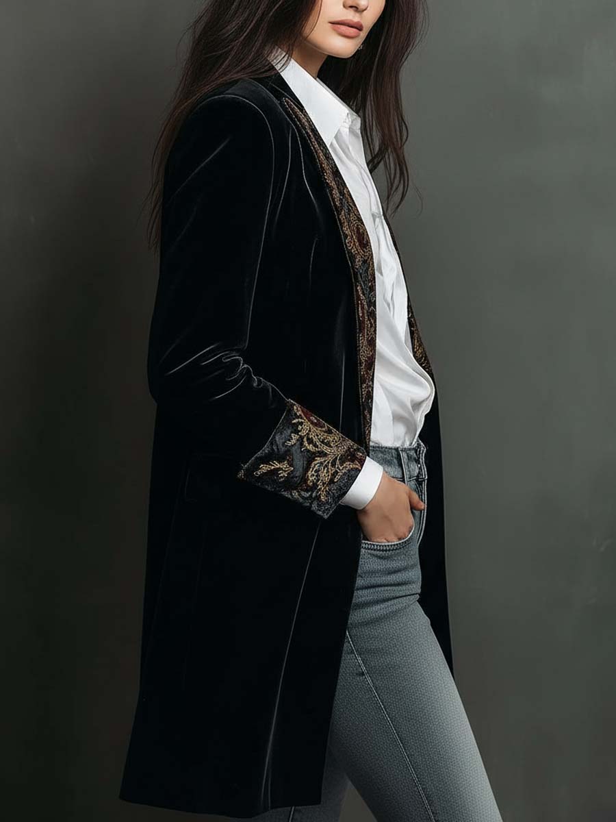 Barocella - Blazer Nero Sartoriale con Motivo Barocco