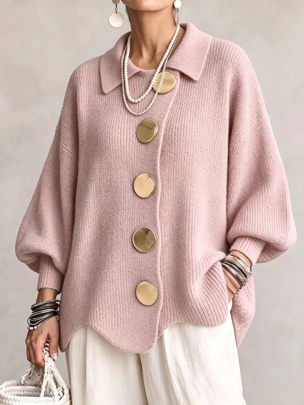 Ottavelle - Cardigan Oversize con Collo e Bottoni Metallici