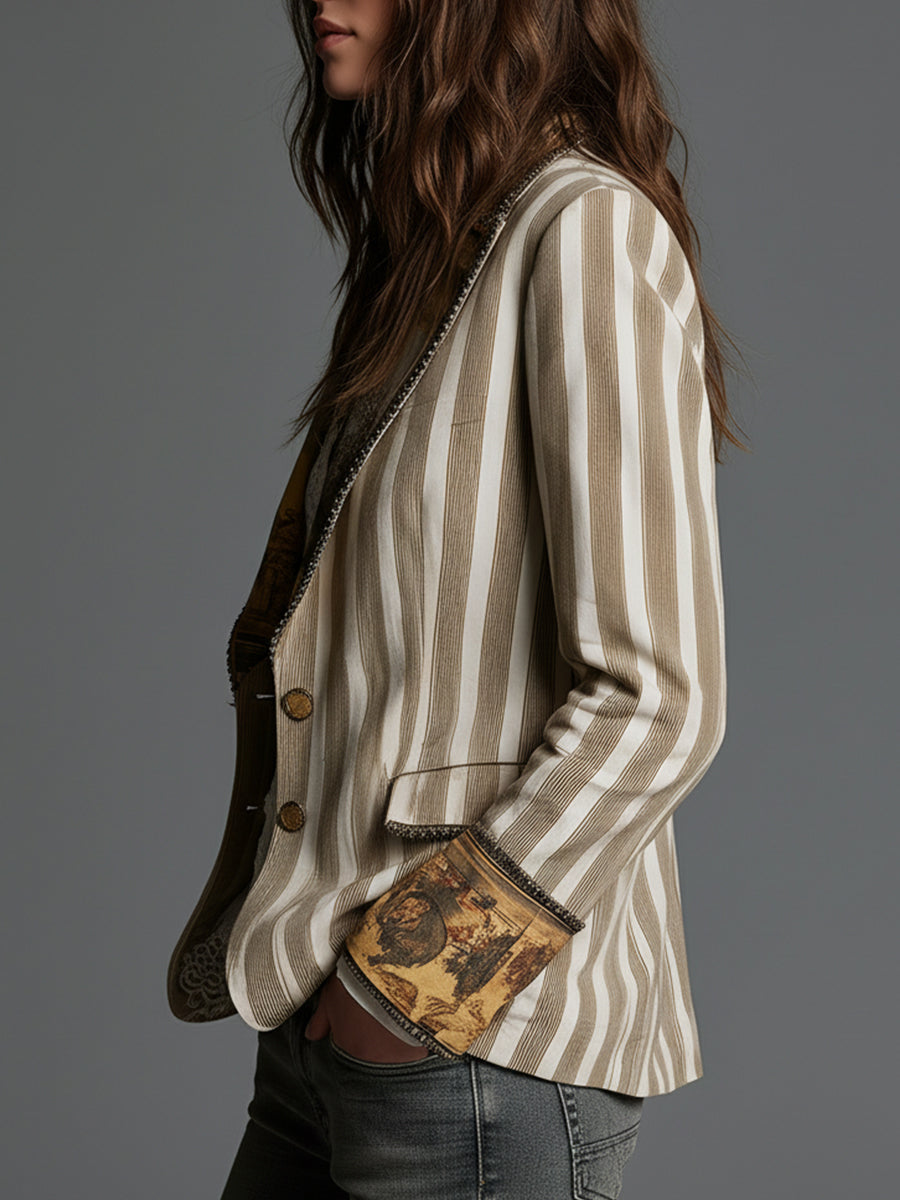 Seravina - Blazer Boho a Righe con Collo Fantasia