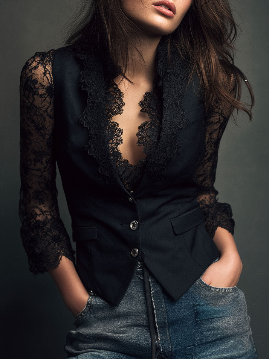 Velmira - Top Blazer Nero con Maniche Velate