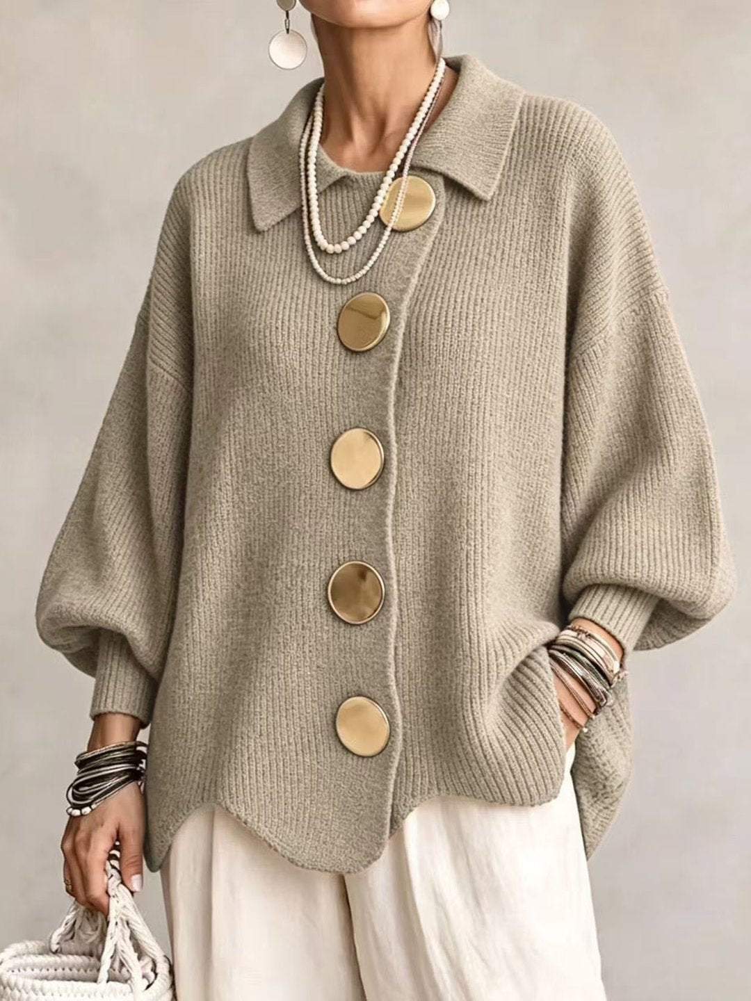Ottavelle - Cardigan Oversize con Collo e Bottoni Metallici