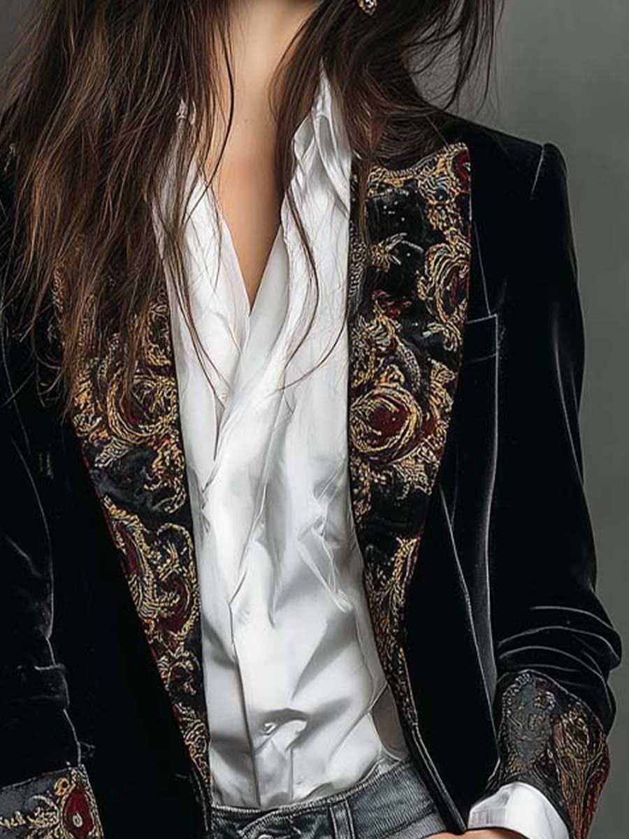 Barocella - Blazer Nero Sartoriale con Motivo Barocco