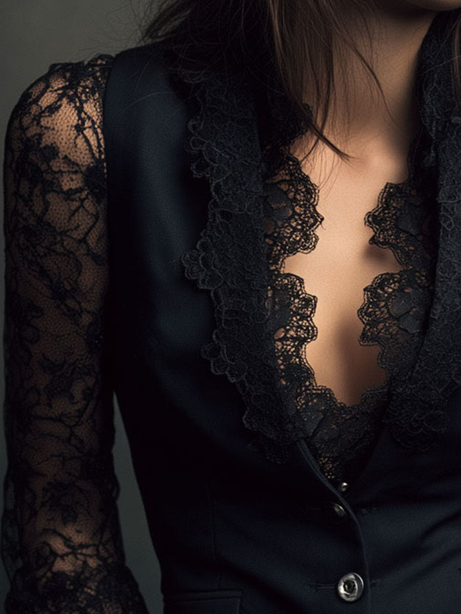 Velmira - Top Blazer Nero con Maniche Velate