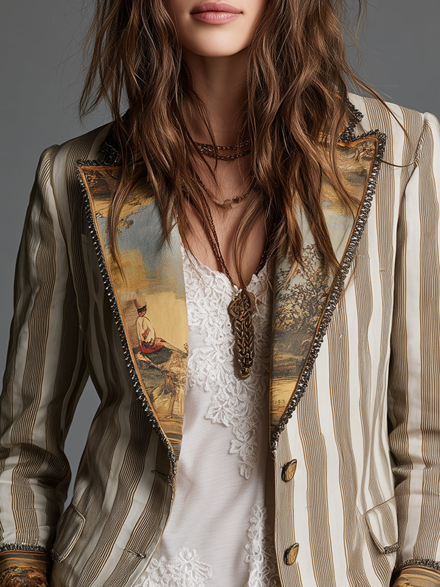 Seravina - Blazer Boho a Righe con Collo Fantasia