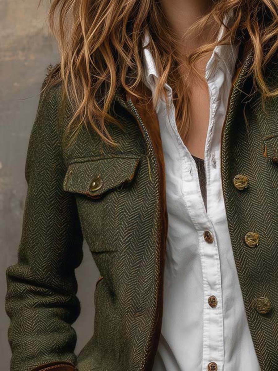 Tessalina - Blazer Vintage Spigato con Profili a Contrasto