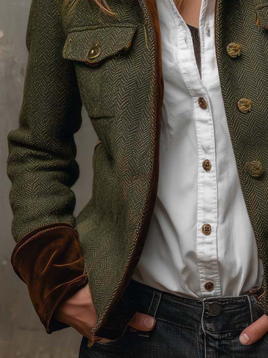 Tessalina - Blazer Vintage Spigato con Profili a Contrasto