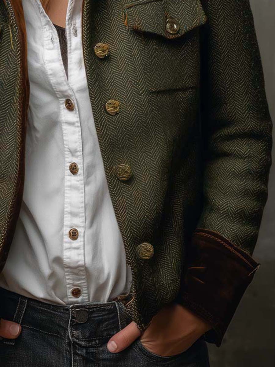 Tessalina - Blazer Vintage Spigato con Profili a Contrasto