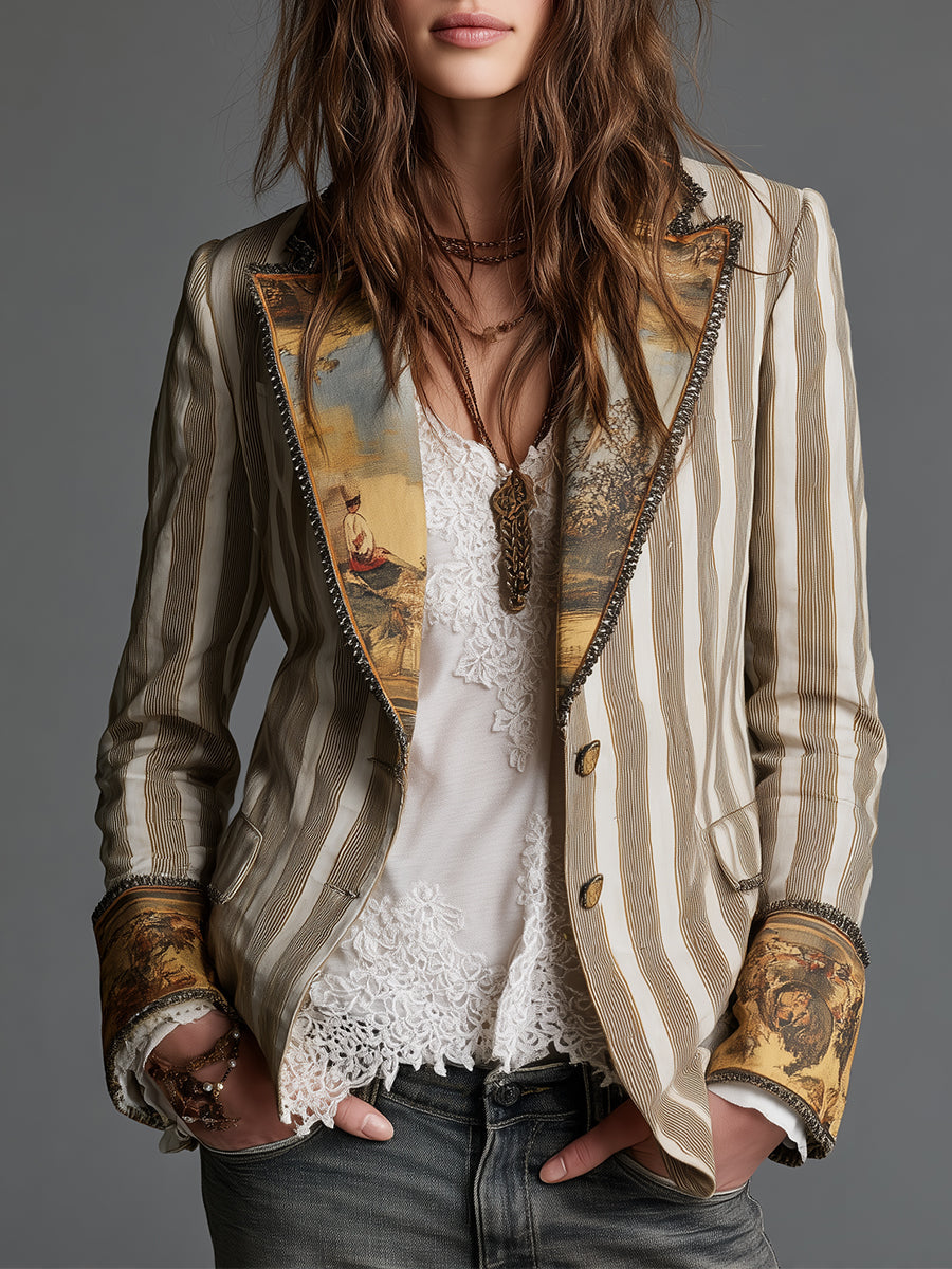 Seravina - Blazer Boho a Righe con Collo Fantasia