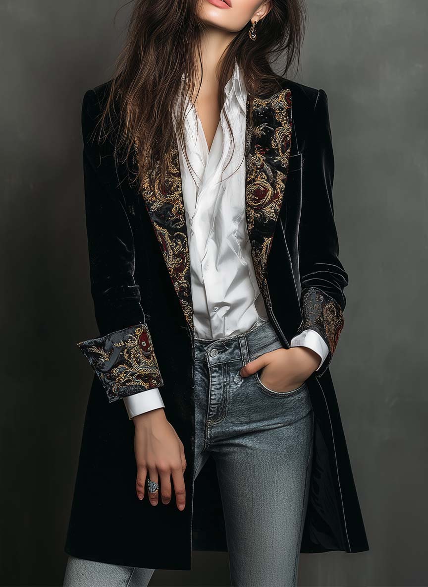 Barocella - Blazer Nero Sartoriale con Motivo Barocco