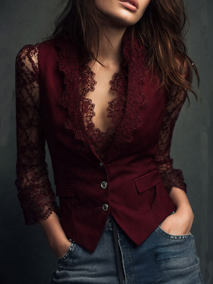 Velmira - Top Blazer Nero con Maniche Velate