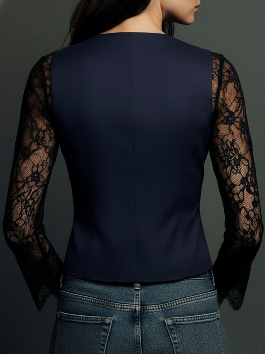 Velmira - Top Blazer Nero con Maniche Velate