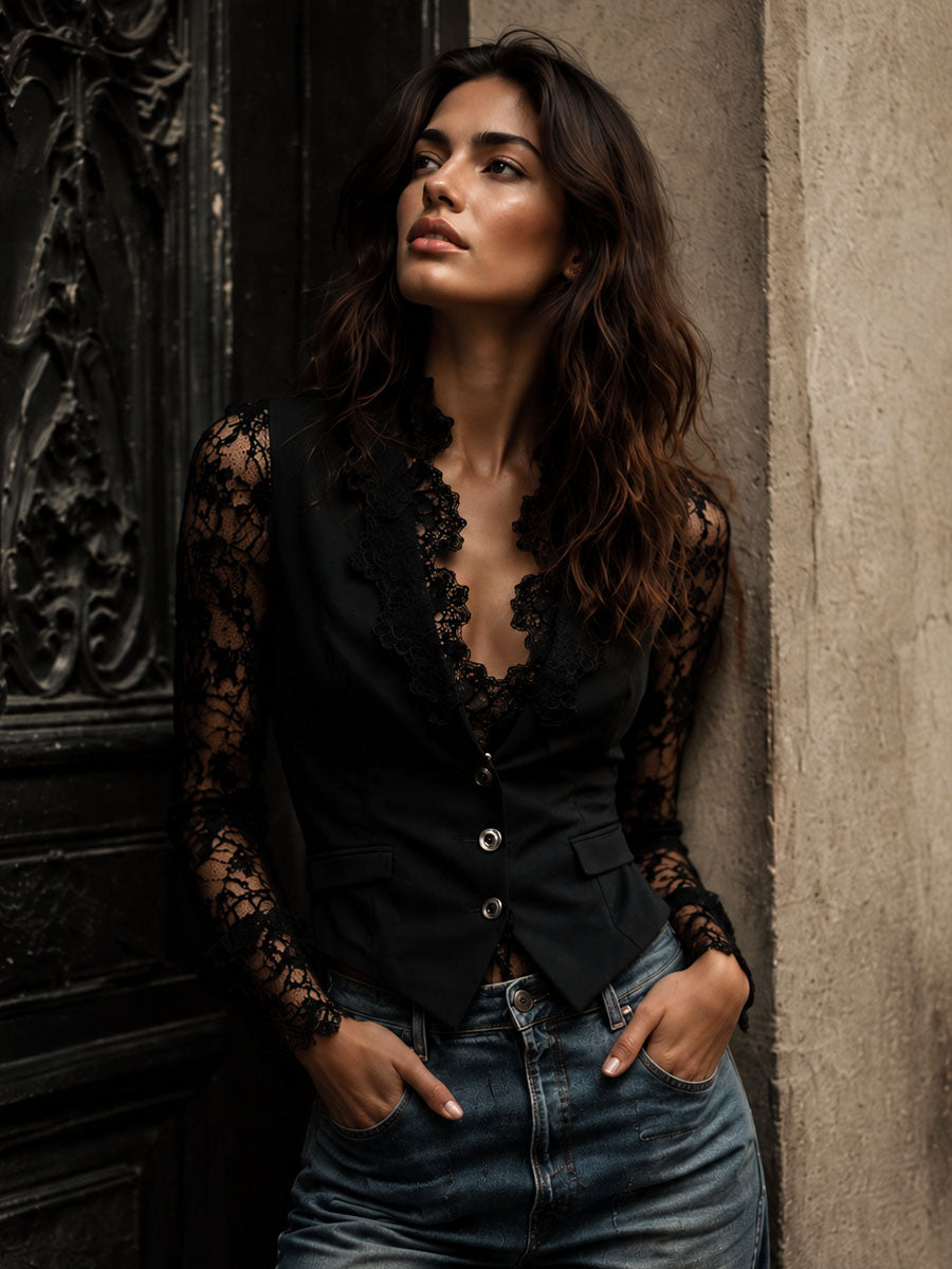 Velmira - Top Blazer Nero con Maniche Velate