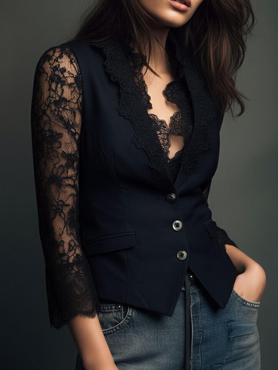 Velmira - Top Blazer Nero con Maniche Velate