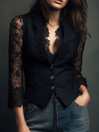 Velmira - Top Blazer Nero con Maniche Velate