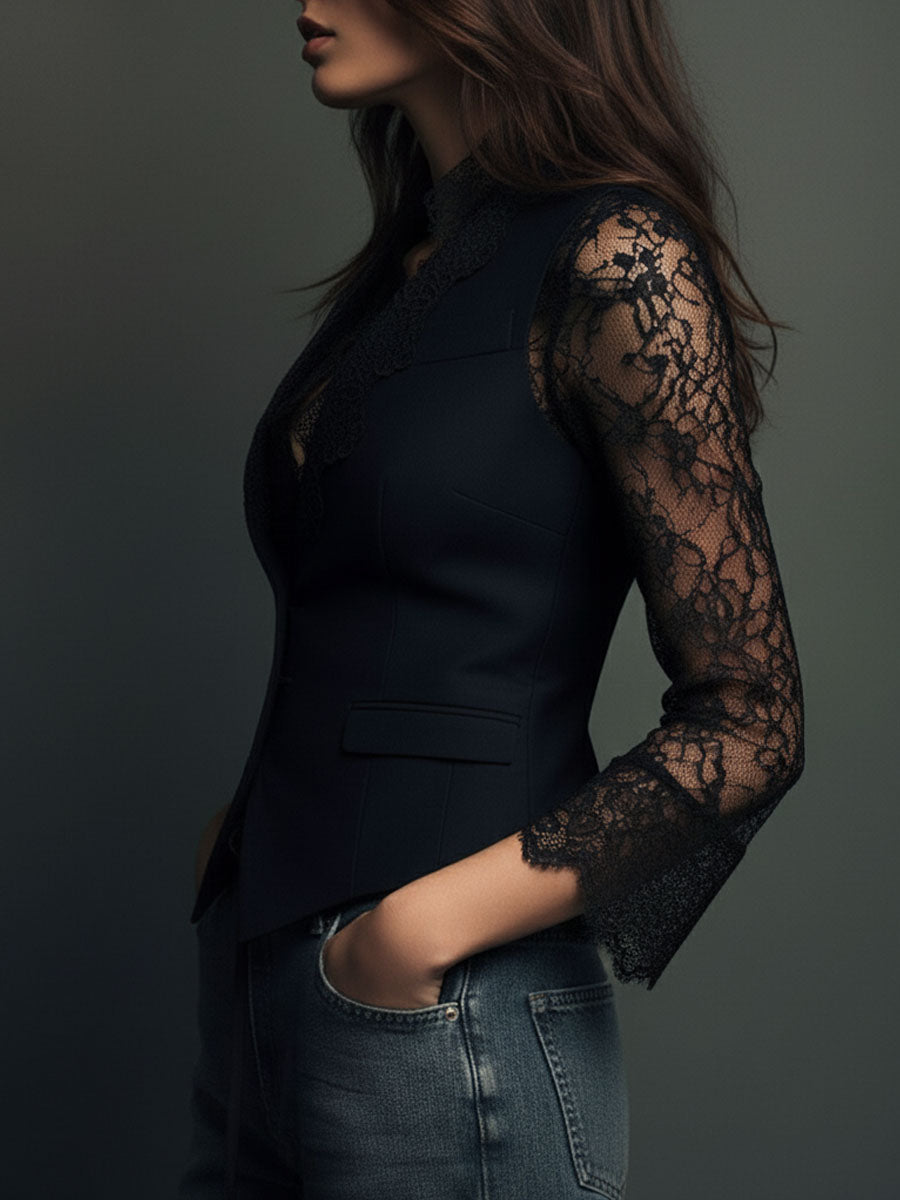 Velmira - Top Blazer Nero con Maniche Velate