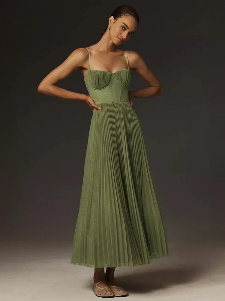 Aurevienne - Abito Midi in Tulle con Corpetto Plissettato