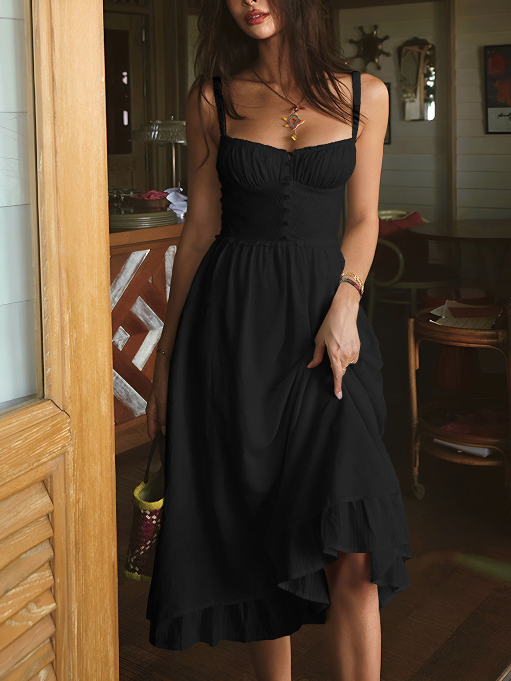 Charlie - Abito Midi con Scollo a Cami e Orlo con Volant