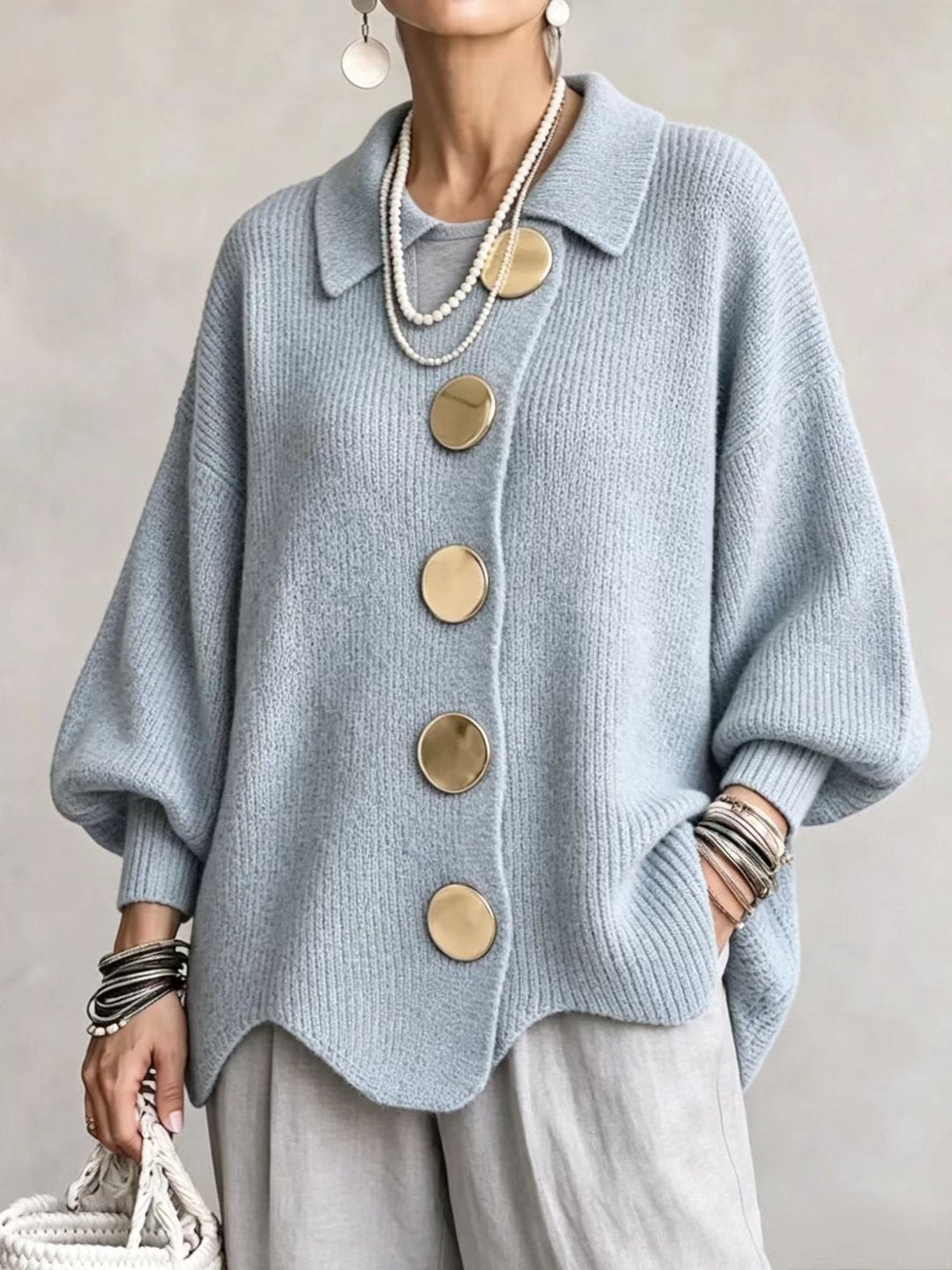 Ottavelle - Cardigan Oversize con Collo e Bottoni Metallici
