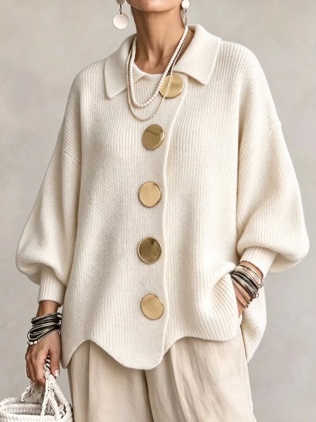 Ottavelle - Cardigan Oversize con Collo e Bottoni Metallici