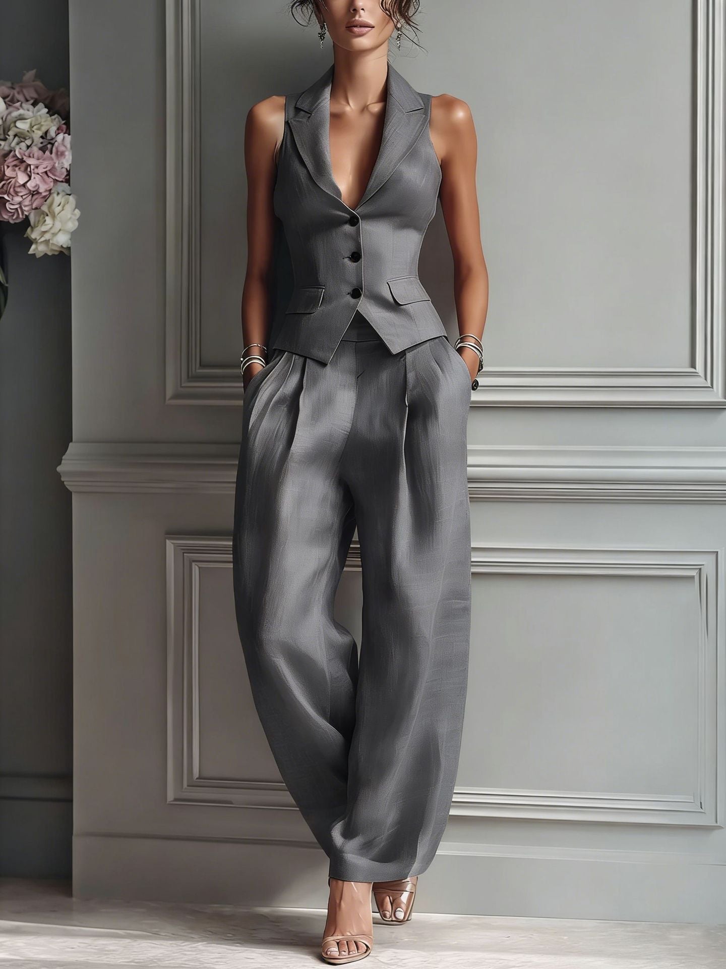Tosca - Completo da donna a due pezzi con scollo a V e bottoni
