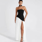 Victoria - Abito Lungo Bustier Bicolore con Spacco Alto e Foulard Abbinato