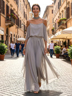 Elvira - Completo fluido grigio con top a spalline e pantaloni leggeri