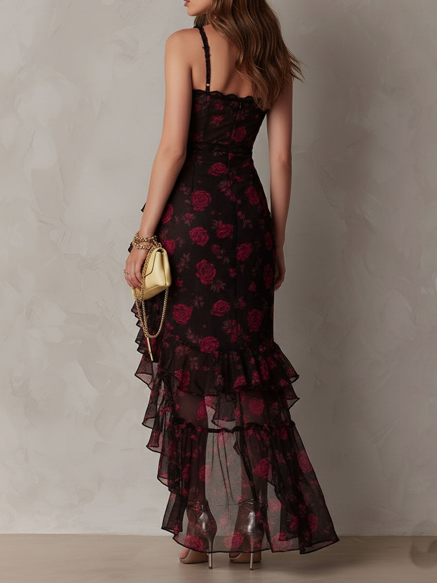 Fiamma - Abito Elegante Floreale Nero e Rosso