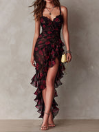 Fiamma - Abito Elegante Floreale Nero e Rosso