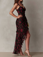 Fiamma - Abito Elegante Floreale Nero e Rosso