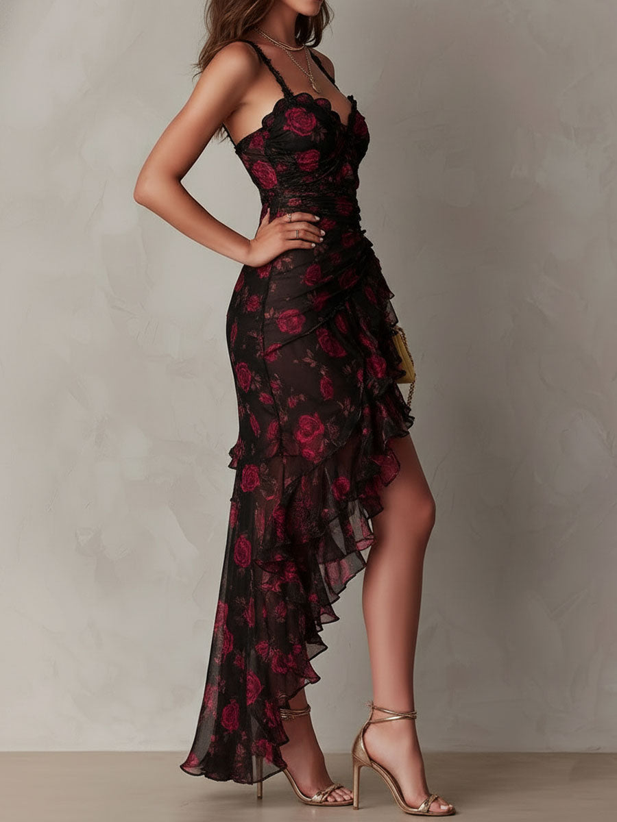 Fiamma - Abito Elegante Floreale Nero e Rosso