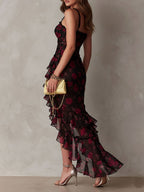 Fiamma - Abito Elegante Floreale Nero e Rosso