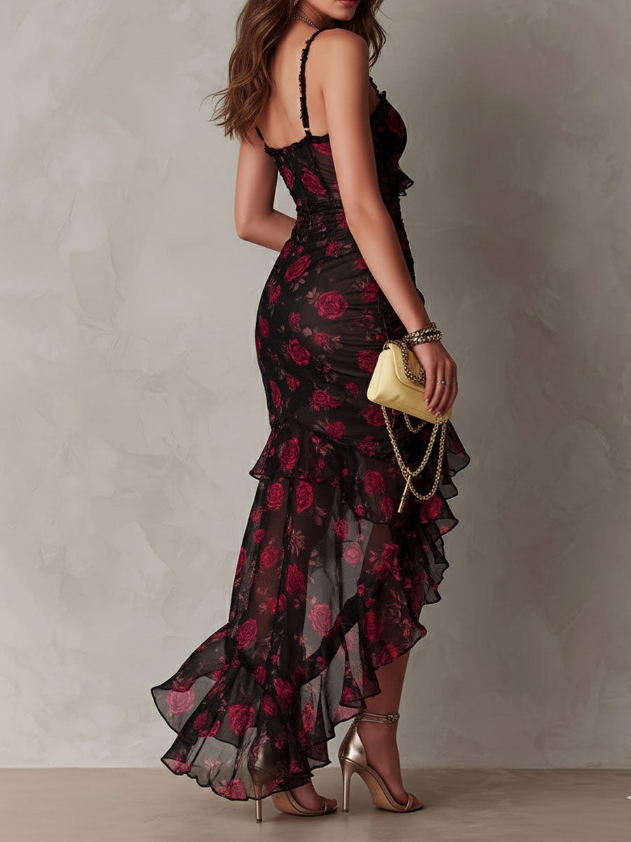Fiamma - Abito Elegante Floreale Nero e Rosso