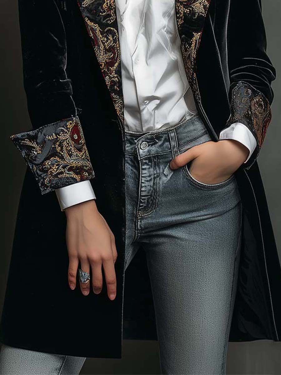 Barocella - Blazer Nero Sartoriale con Motivo Barocco