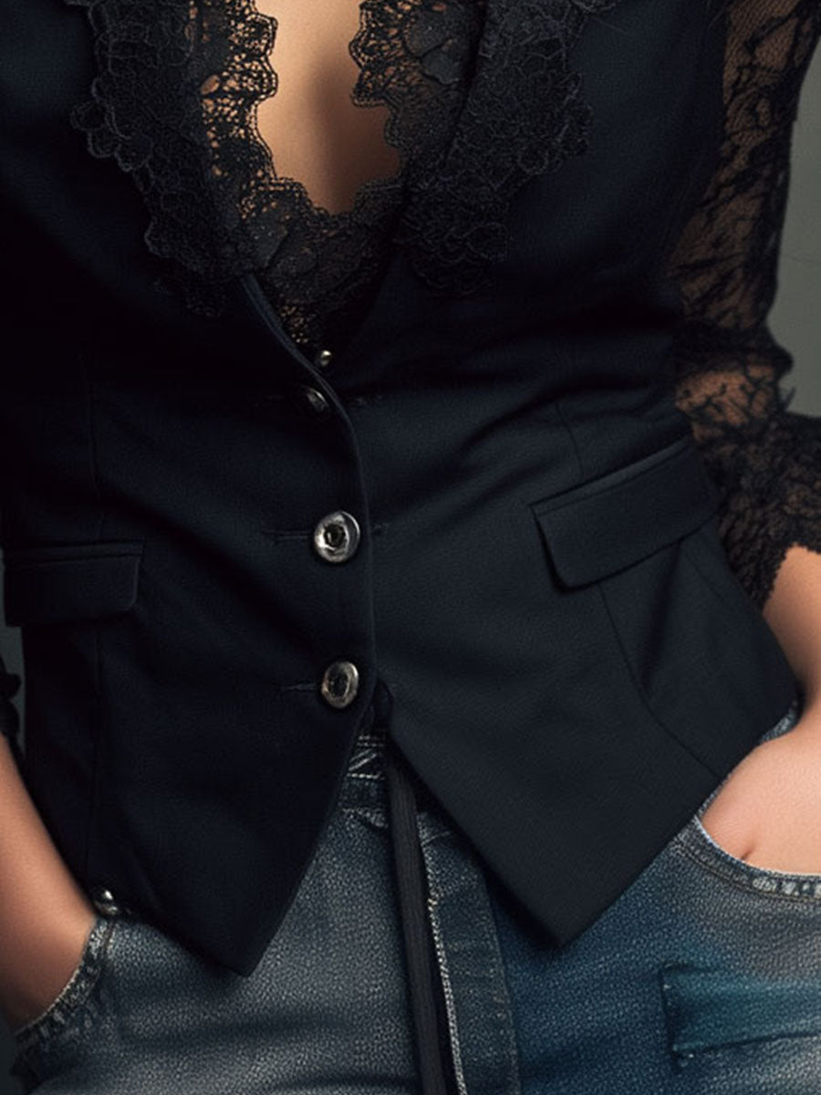 Velmira - Top Blazer Nero con Maniche Velate