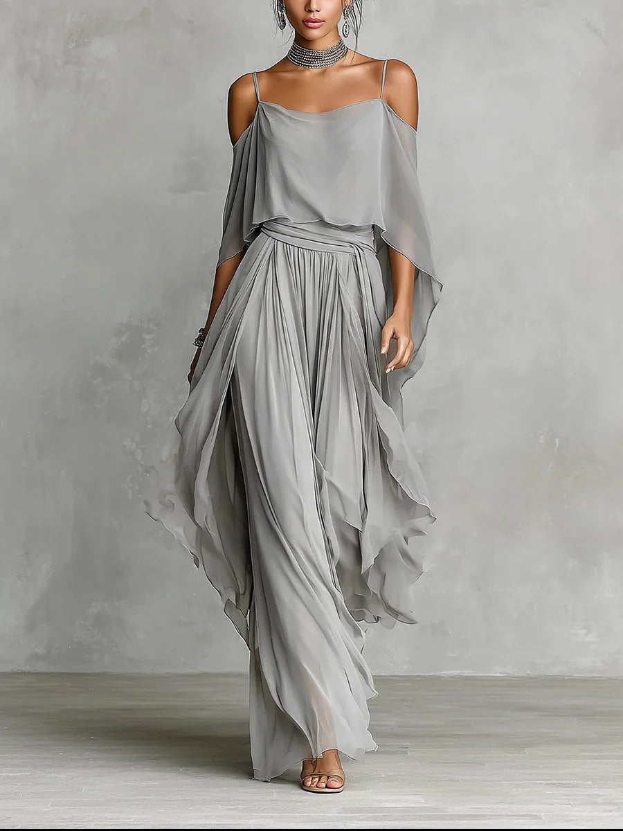 Elvira - Completo fluido grigio con top a spalline e pantaloni leggeri