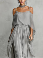 Elvira - Completo fluido grigio con top a spalline e pantaloni leggeri