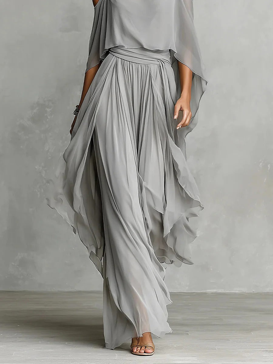 Elvira - Completo fluido grigio con top a spalline e pantaloni leggeri