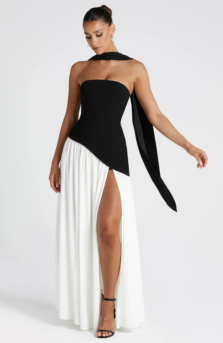 Victoria - Abito Lungo Bustier Bicolore con Spacco Alto e Foulard Abbinato