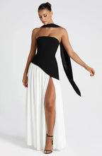 Victoria - Abito Lungo Bustier Bicolore con Spacco Alto e Foulard Abbinato