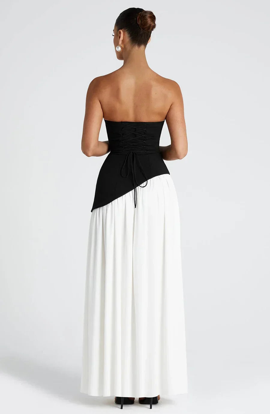 Victoria - Abito Lungo Bustier Bicolore con Spacco Alto e Foulard Abbinato