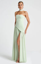Victoria - Abito Lungo Bustier Bicolore con Spacco Alto e Foulard Abbinato