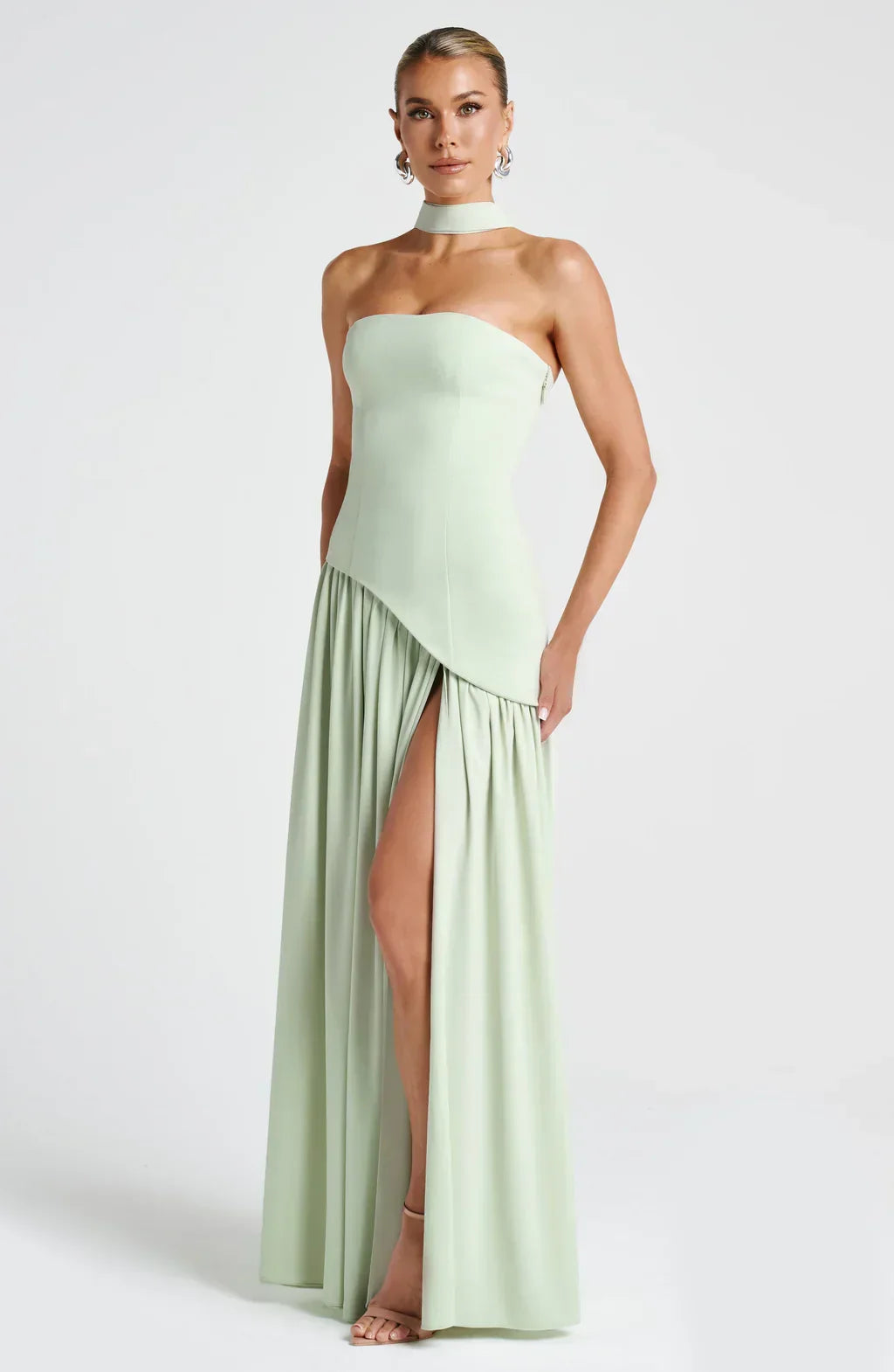 Victoria - Abito Lungo Bustier Bicolore con Spacco Alto e Foulard Abbinato