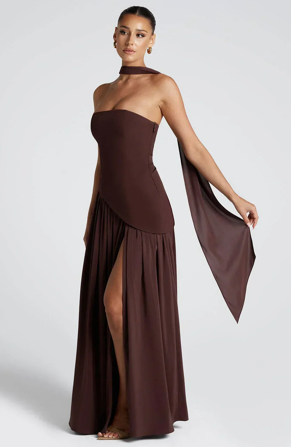 Victoria - Abito Lungo Bustier Bicolore con Spacco Alto e Foulard Abbinato