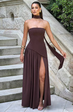 Victoria - Abito Lungo Bustier Bicolore con Spacco Alto e Foulard Abbinato